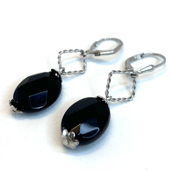 Sterling Silver Facetted Black Stone Drop Dangle Earrings - Picture 2 of 6